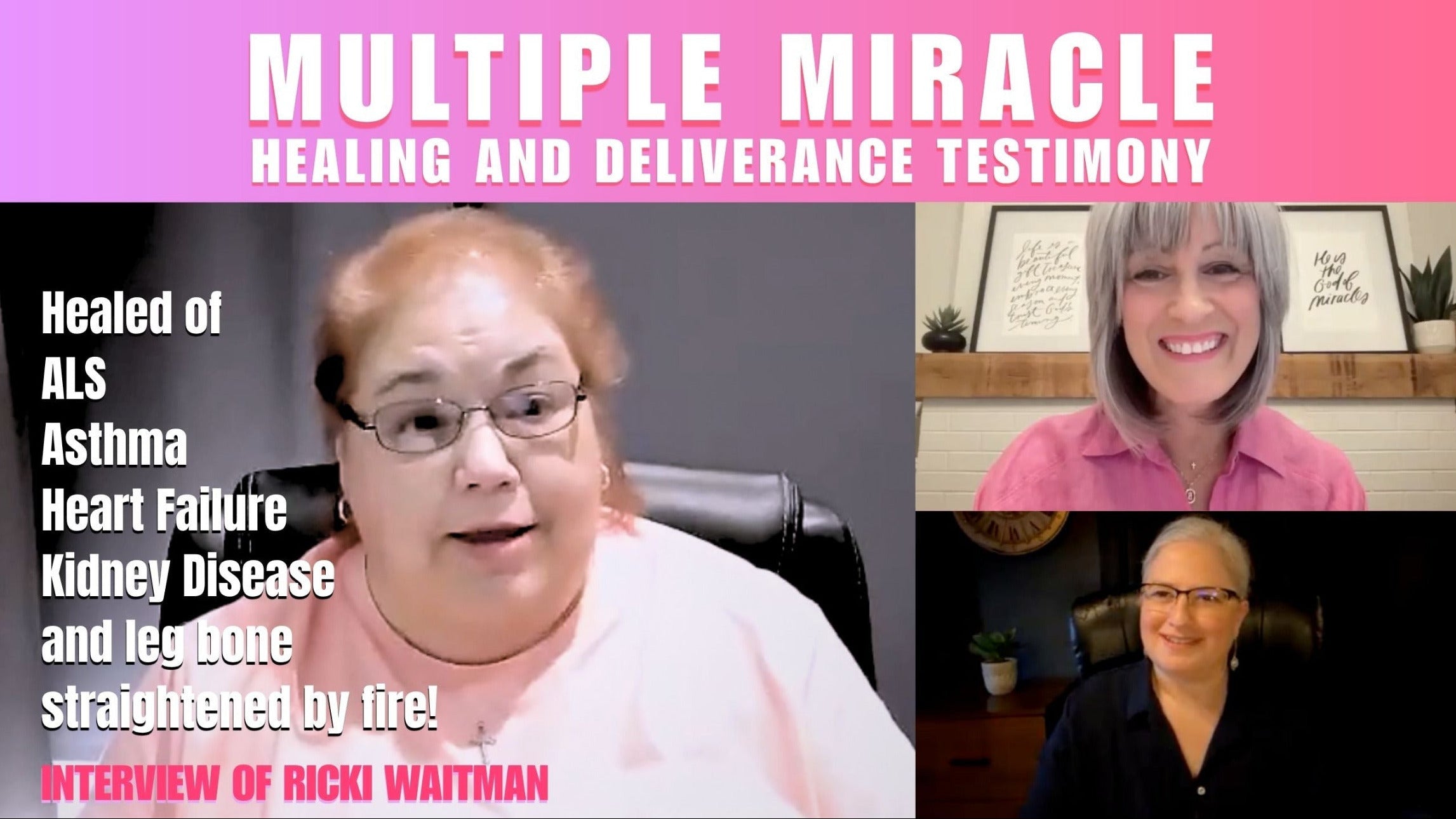 Load video: At the February Women's Retreat in Morgantown, PA, Jesus healed Ricki of Amyotrophic Lateral Sclerosis-ALS, Asthma, Stage 3 Chronic Kidney Disease, Diastolic Heart Failure, put her knee back in place, and straightened her leg bone by fire! Hallelujah! Click below to watch the full interview on Youtube.
